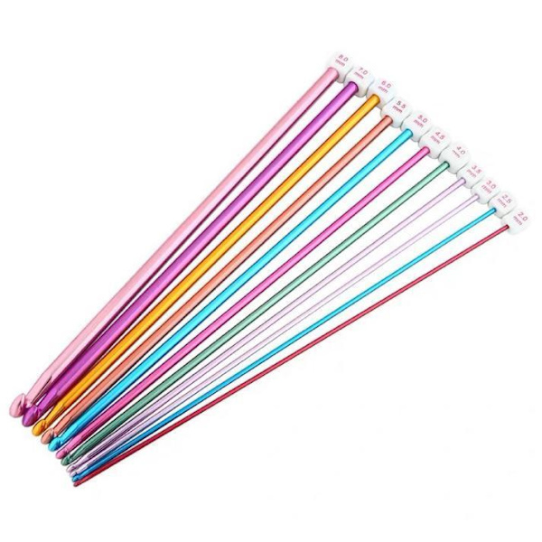 N015 - Set med 11 st. tunisiska virknålar i aluminium multifärg one size