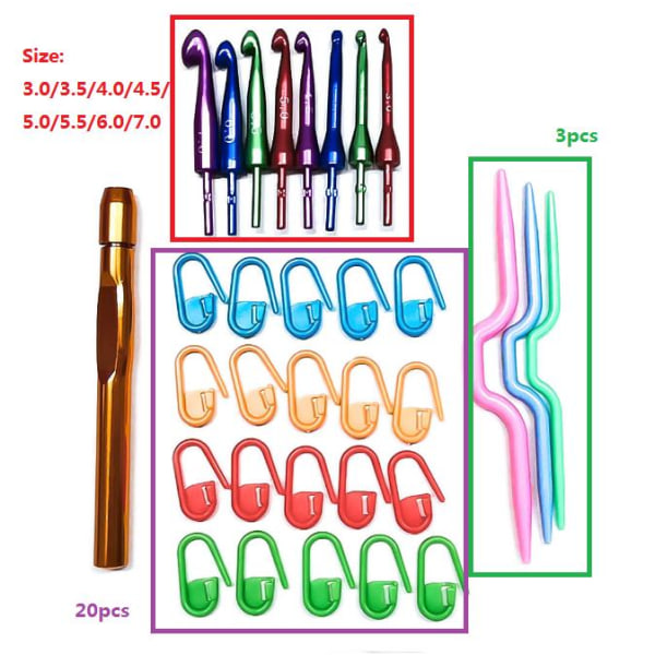 N130 - Set med 8 st. utbytbara virknålar plus annat multifärg one size
