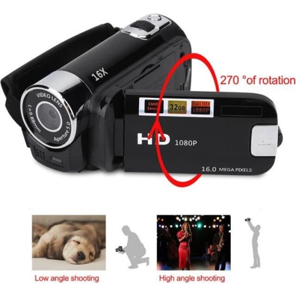 YOSOO Videokamera Full HD Digital HD-videokamera 270° 16X Rotation DV-kamera (EU-svart)