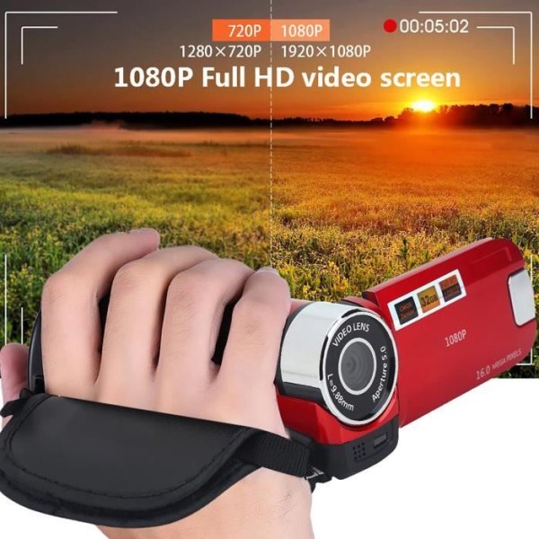Duokon HD digital videokamera Full HD högupplöst digital videokamera 270° 16X rotation DV-kamera (EU-röd)