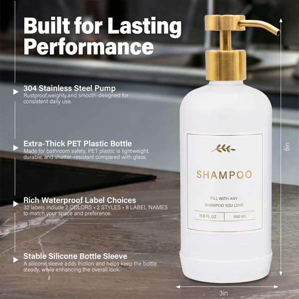Prus Waso shampoo- og balsamdispensersæt, brusesæbedispenser, gu White & Gold
