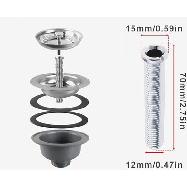 Skruv för diskkorg. Köksskruv. Förlängt lås för diskho i rostfritt stål. Fasta avlopp M12 X 70mm (silver)