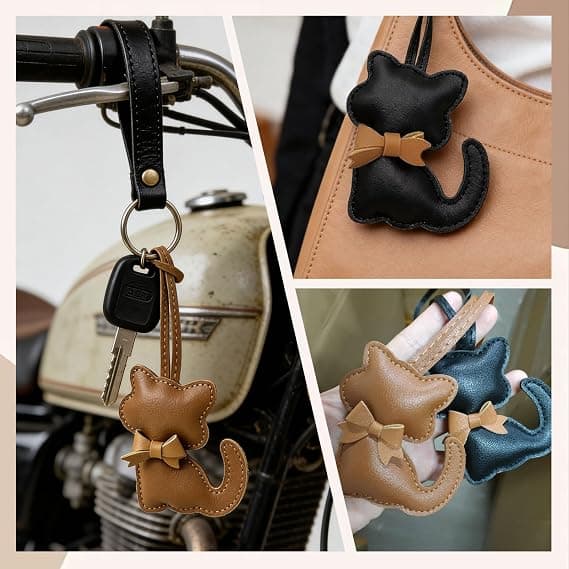 Set med 2 kattformade nyckelringar, PU-läder väskaccessoarer, tecknad kattunge nyckelring