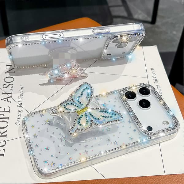 【2F】Diamantglittrande Fjärilsställ Mobilskal (Kompatibel med iPhone 17 Pro Max) - GRÖN