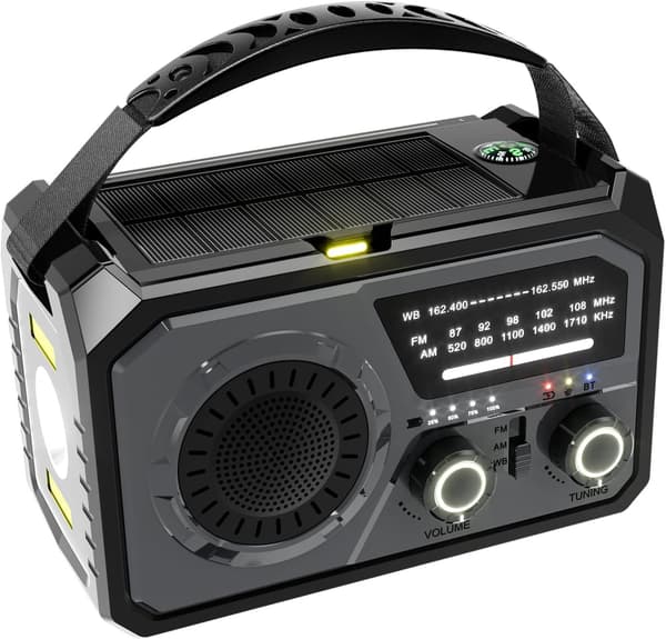 Aurinkokäsiradio, NOAA/AM/FM, SOS, Bluetooth 5.3, taskulamppu, harmaa, 16000 mAh[2F]