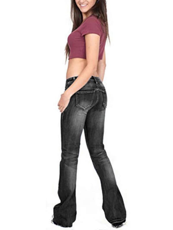 Bootcut-jeans för kvinnor, stretchiga denimbyxor, låg midja, utsvängda detaljer, svarta Black S