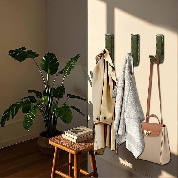 Väggkrokar i läder, 4-pack, armégröna, platsbesparande minimalistisk design för handdukar, väskor och kläder
