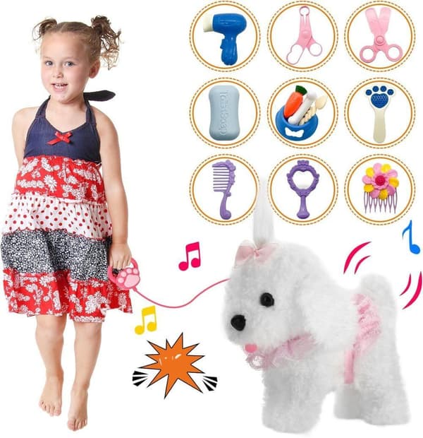 Interactive Plush Dog with Wagging Tail & Barking Function – Playful Puppy with Grooming Kit for Kids Ages 3-6 White