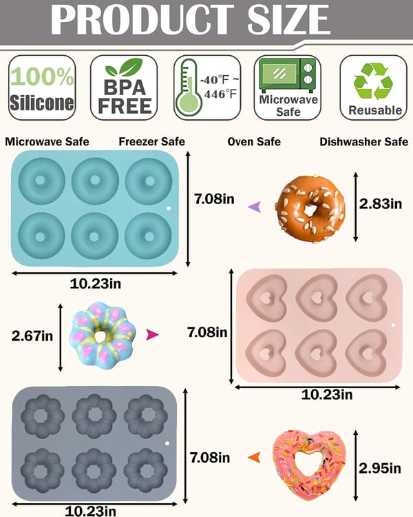 3-delt smultringformsett i silikon, non-stick smultringformsett, 6-hulls silikonkakeform (blå + grå + rosa)