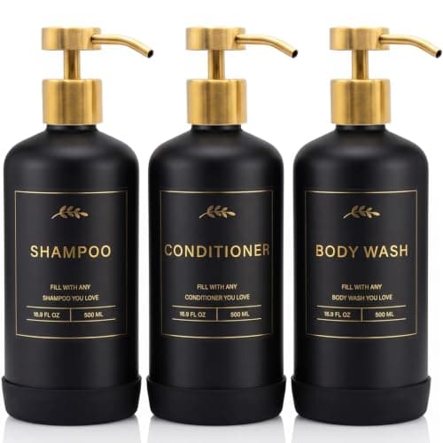 Prus Waso shampoodispenser til bruser, sort og guld | Bruseflasker, badeværelsesbrusedispensere med guldpumper i rustfrit stål, 3 plast Black & Gold