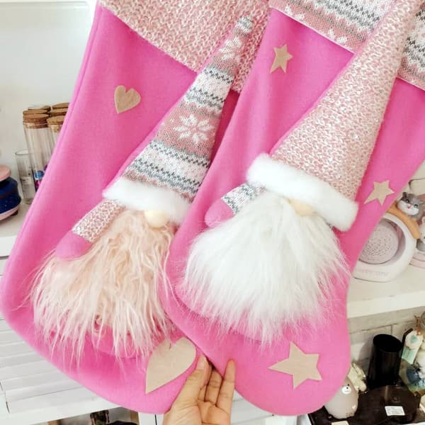(45*23cm) Pink Julemandssok Gnom Tomte Dværg Svensk Julemand Julepose til Juletræspynt Ild
