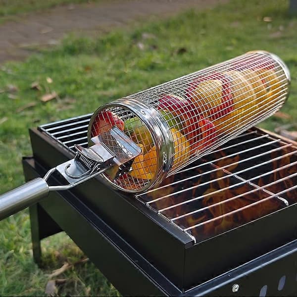[2F]2-pak BBQ-bur rundt tønde udendørs BBQ rygebure bærbart roterende rustfrit stålbure
