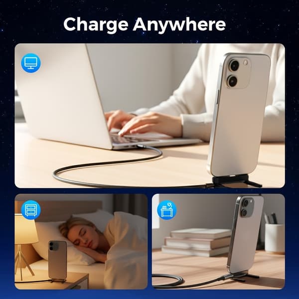 Ladekabel med USB A til USB C-understøttelse, 150 cm, til enheder som Samsung.