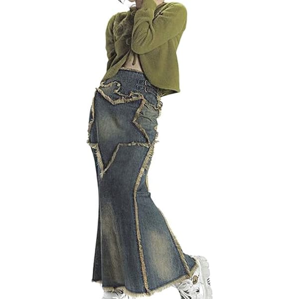 Kvinnor Trasig Fåll Denim Maxikjol Golvlång Lång Jeanskjol S