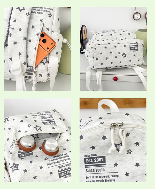 Backpack for Women and Men, Lightweight Nylon with Star Pattern and Multiple Pockets, 42x30x13 cm Light Grey