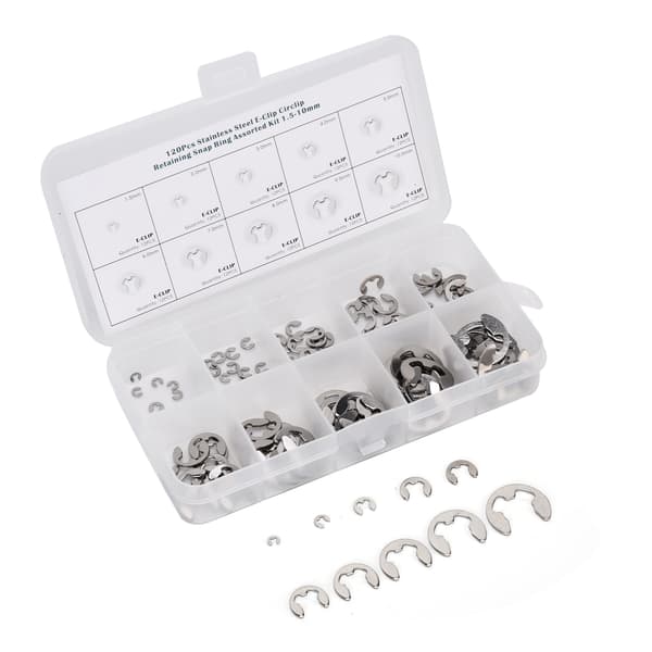[2F]120 stk. E-clip skive rustfrit stål ekstern låsering sortimentssæt 1,5 mm–10 mm