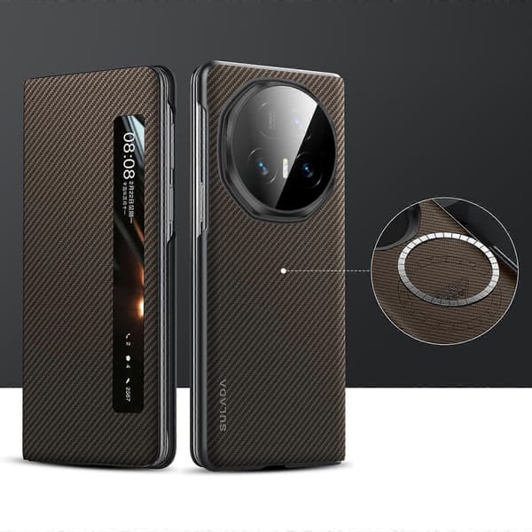 【2F】SULADA Kevlar 600D tekstur Smart Window lædertelefoncover kompatibel med Honor Magic V5 Brown