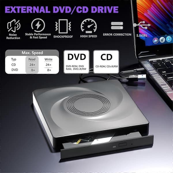 [2F] Ekstern CD/DVD-brenner, CD ROM DVD-spiller Bærbar CD-leser for bærbar PC 11/10/7 Linux OS