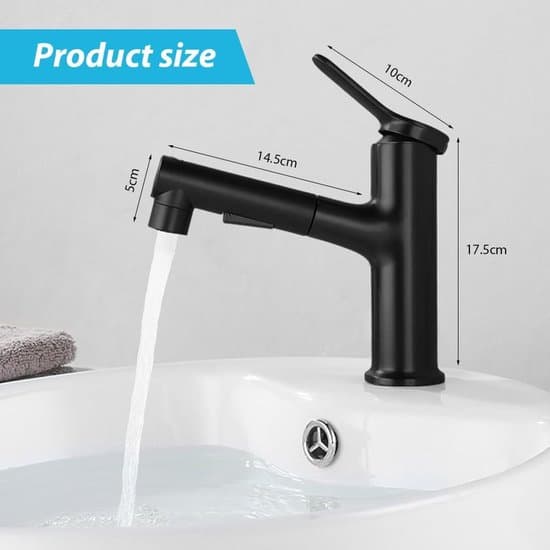 Pull-out sink mixer - High-pressure jet - Single-lever mixer for bathroom and washbasin (black)