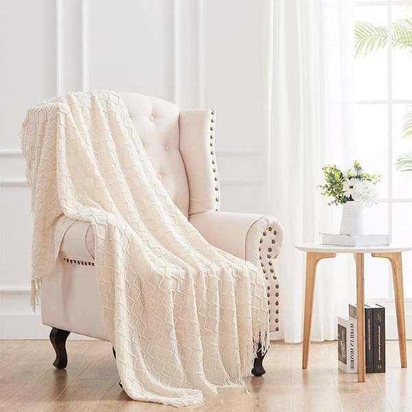 [2F]127x180cm Beige, 1 stk. strikket sofatæppe lille sofatæppe, blødt fleecetæppe Pompon strikket tæppe Aircondition tæppe Biltæppe til