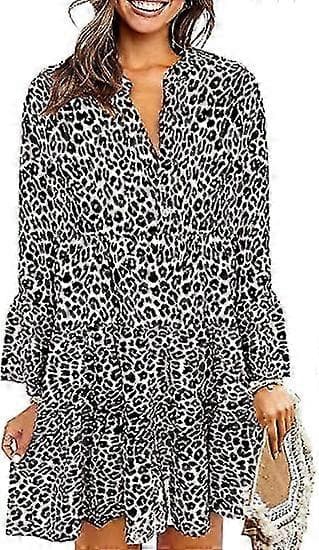 【2F】Casual klänningar för kvinnor V-hals Leopard Blommig Mönstrad Miniklänning Black M