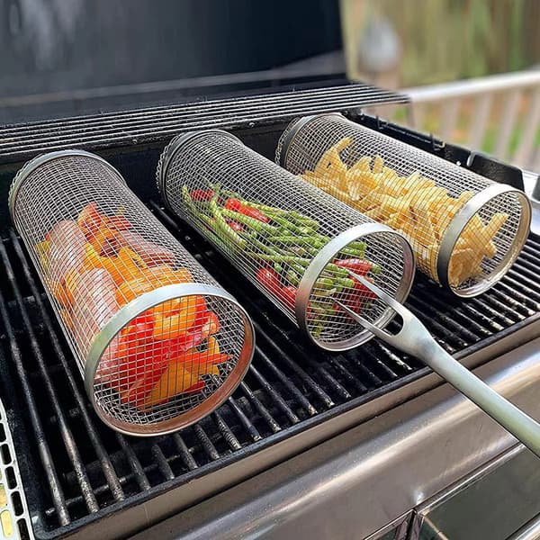2 stk. rullende grillkurve - Bedste grillkurv nogensinde, rund grillnet i rustfrit stål