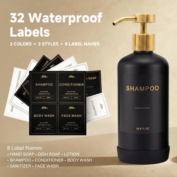Prus Waso shampoodispenser til bruser, sort og guld | Bruseflasker, badeværelsesbrusedispensere med guldpumper i rustfrit stål, 3 plast Black & Gold
