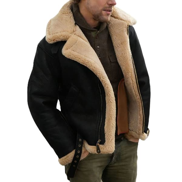 Faux Shearling Läder Bomberjackor för Män, Varma Vinterjackor Black Black S