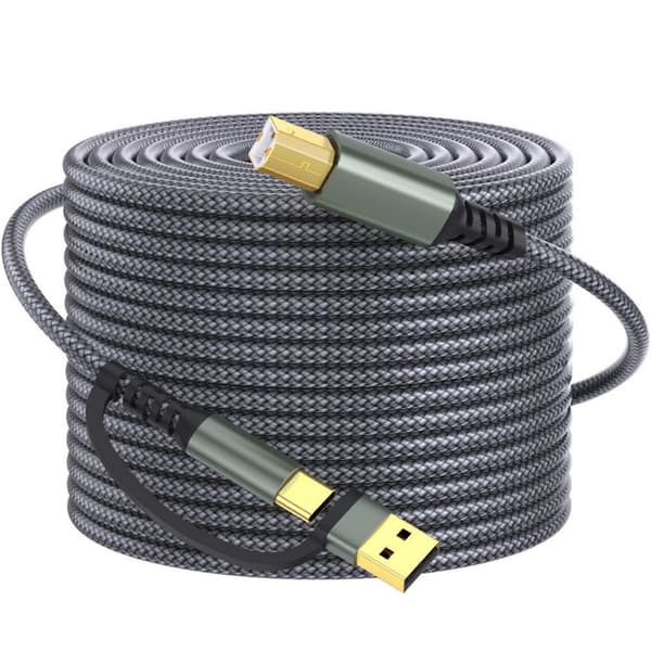Skriverkabel 2-i-1 USB-A/C til USB B-kabel, USB C-kabel flettet hurtig skriverledning for skriver grå Grey