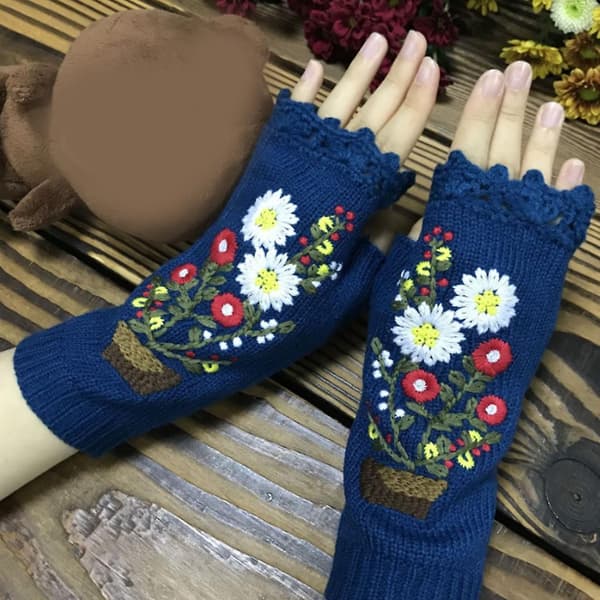 Strikkede fingerløse hansker, elastiske hansker med blomsterbroderi Gray