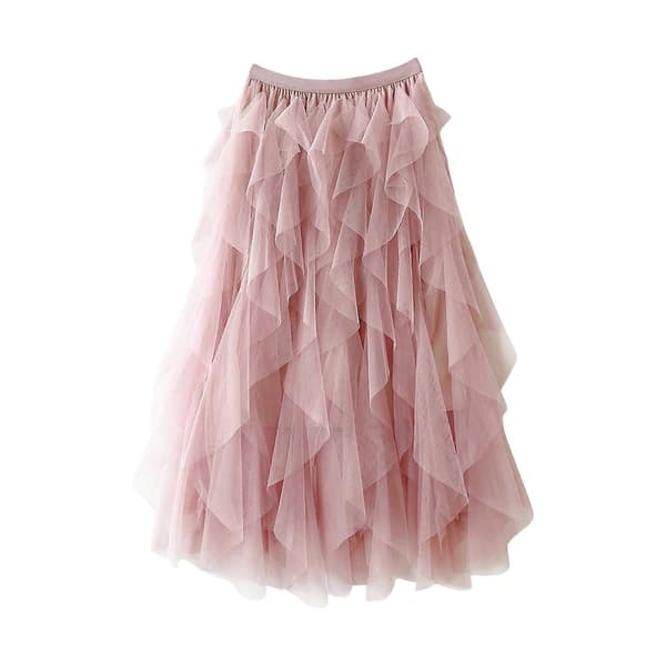 【2F】Midi oregelbunden tyll A-linje elastisk hög midja puffig kjol för kvinnor, rosa One Size Pink