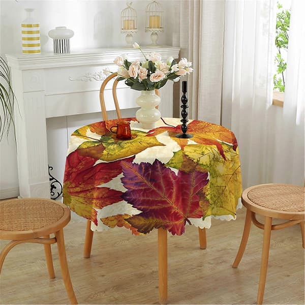 150 cm rund bordsduk i polyester med pumpa- och lönnlövsdesign för höstsamlingar Pattern 4