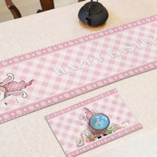Påske Gnome Trykt Bordløper Bomull Lin Duk Trekk Hjem Fest Dekor Gnome-Pink Plaid Easter Egg