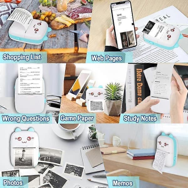 Bærbar skriver, mini trådløs Bluetooth termisk skriver i lommestørrelse Blue