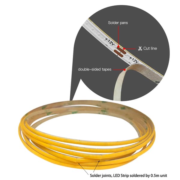 2,7 mm ultratynde COB LED Strip Lights 400LEDs/m Fleksibel lineær lysstrimmel Diodebånd Baggrundsbelysning 5m 3000K(varmvit)