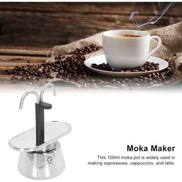 Mokabrygger, 2 kopper, rustfritt stål, 100 ml kapasitet. Dobbelt rør, for italiensk espressokaffe på komfyren.