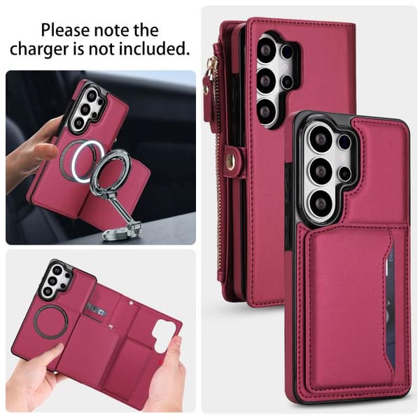 Kompatibel med Samsung Galaxy S26 Ultra 5G Case in Multifunctional Leather with Detachable Strap Röd