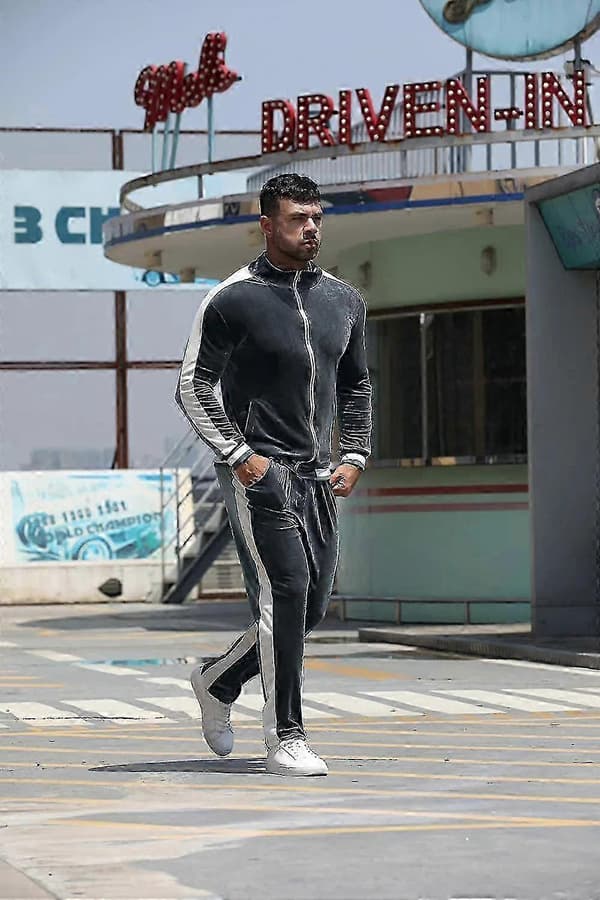 Til mænd, todelt joggingdragt i velourjakke og bukser med lynlås og lommer Grå Grey Medium