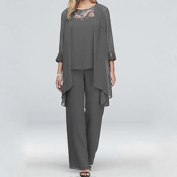 Brudens mor buksejakkesæt 3 dele kvinder bryllup formelt outfit sæt chiffon aftenkjole plus størrelser blå blue M