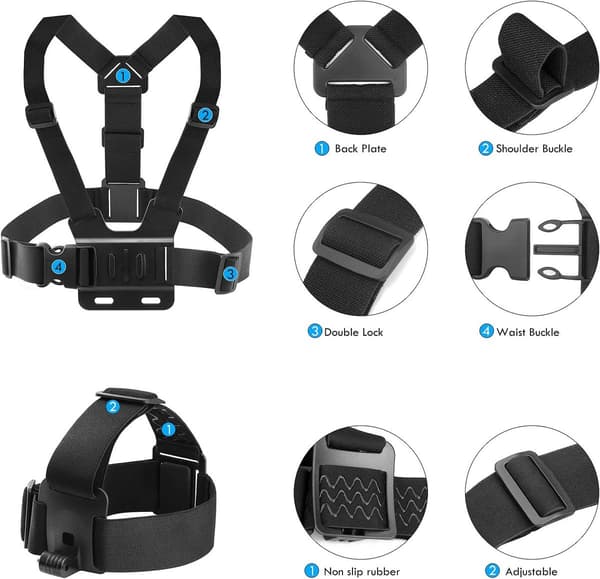 Camera/Smartphone Chest/Headband Mount Kit, Hands-Free Shooting, Compatible with GoPro, iPhone, Samsung, Insta360, DJI (Includes Phone Clip).
