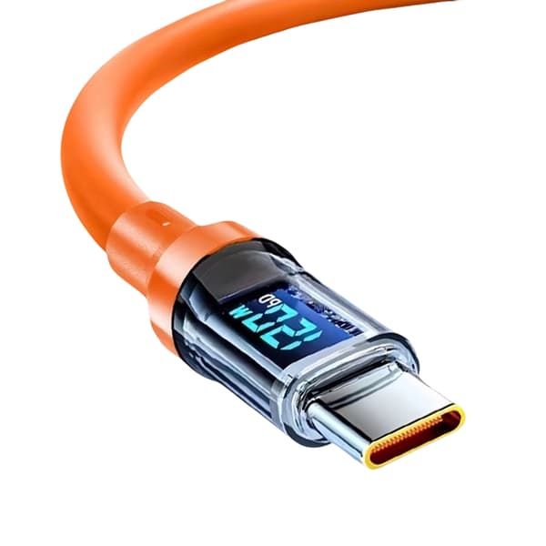Ekstra lang USB C-lader med spenningsmåler 120W superrask ladekabel 1 m 1 meter digital display transparent orange