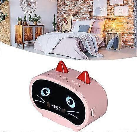 Barnväckarklocka, digital väckarklocka för barnrum, söt kattöron väckarklocka Bluetooth-högtalare Småbarn digital väckarklocka Barns sömn, dubbel