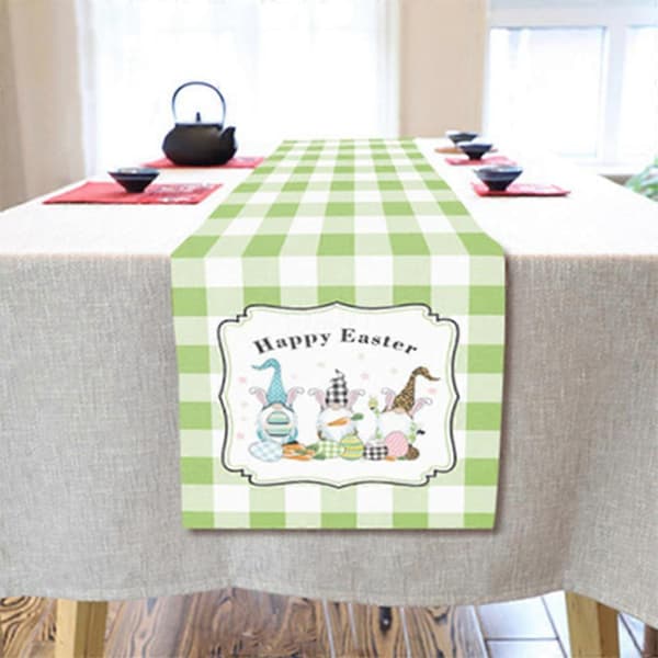 Påskgnome tryckt bordslöpare i bomullslinne, bordsduk, heminredning för fest Gnome-Pink Plaid Easter Egg