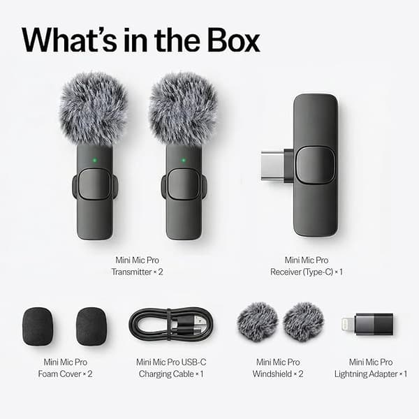 Mini Mic Pro Trådløs Minimikrofon for iPhone, iPad og Android, 2-pakning Lavalier-mikrofoner med USB-C for videoopptak og innholdsskaping