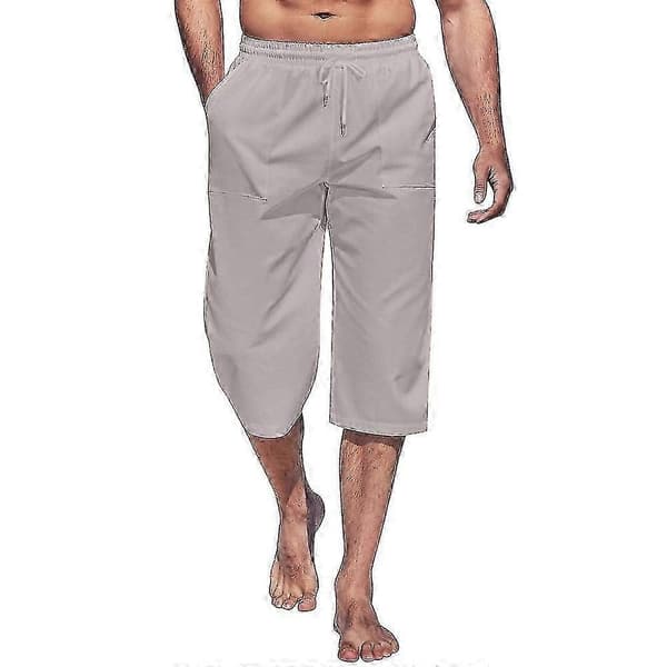 Capri-bukser til mænd, lette, løse 3/4-shorts med snøre, elastisk talje, afslappede strand-yogabukser, lysegrå Light Grey 2XL