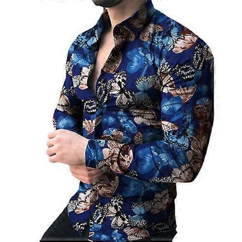 Mænds afslappede blomsterskjorte langærmet 3D-knapskjorter navy 2XL