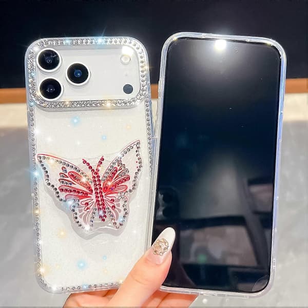 【2F】Diamantglittrande Fjärilsställ Mobilskal (Kompatibel med iPhone 17 Pro Max) - GRÖN