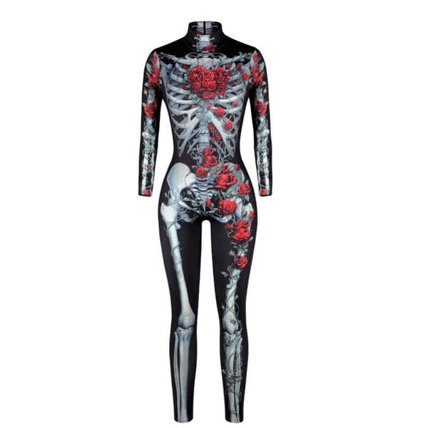Halloween-kostume til kvinder med dødningehovedtryk, langærmet jumpsuit Q3 Q3 S