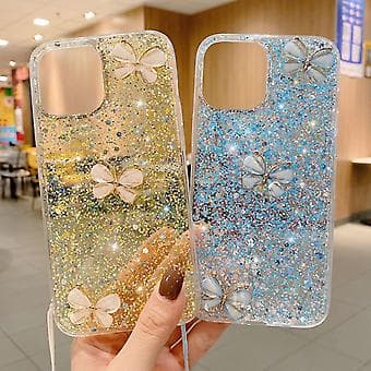 【2F】For iPhone 12 Mini Starry Sky Sequin Jade Butterfly Epoxy TPU-telefondeksel med stropp Blue