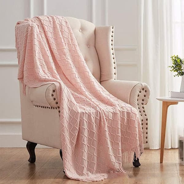 [2F]127x180cm Pink, 1 stk. Strikket Sofatæppe Lille Sofatæppe, Blødt Fleecetæppe Strikket Tæppe Pompon Aircondition Biltæppe til Sofa